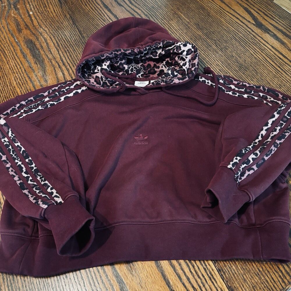 Adidas Adicolor Leopard Logo Cropped Hoodie Sweatshirt Burgundy Women's Size M - Picture 3 of 11